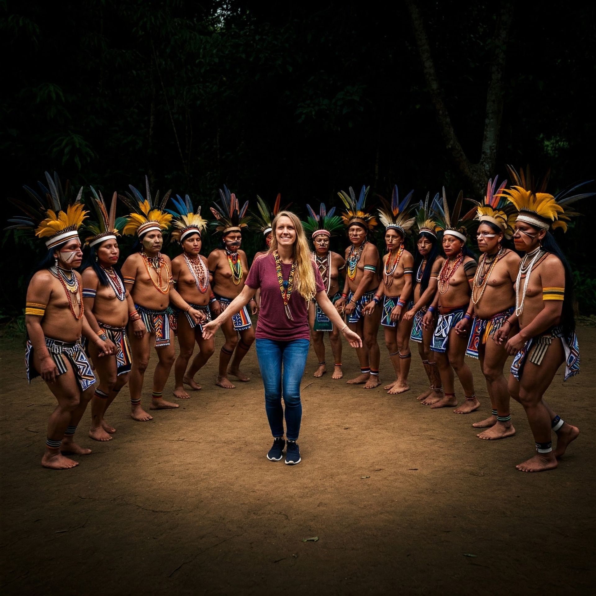 Woman standing in a circle with indigenous people wearing traditional attire in a forest setting.